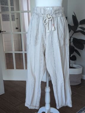 Anthropologie Cream Striped Drawstring Linen Pants Petite Medium